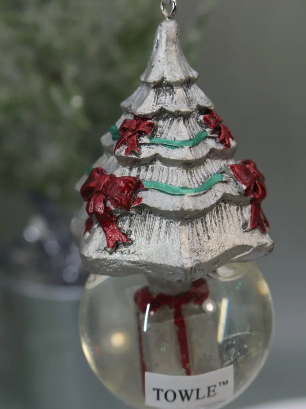 Towle Holiday Wishes Set of Three Christmas Tree Snow Globe Ornaments.